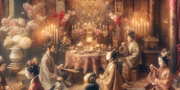 A romantic scene featuring elegantly dressed characters in a richly detailed, culturally inspired setting, evoking intimacy and allure.