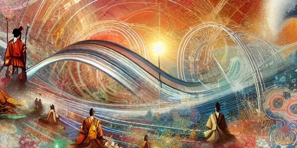 An abstract film reel unwinds in a luxurious cinema, intertwined with vibrant Japanese motifs and ethereal adult film characters.