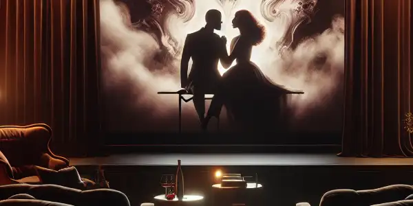 A luxurious home theater setting with plush seating, sensual imagery, and gourmet snacks, evoking allure and sophistication.