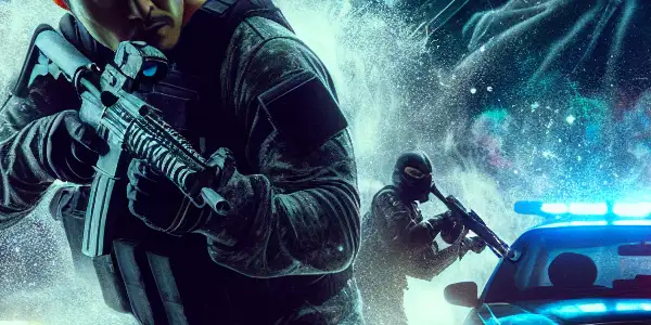 A tense urban chase between a narcotics officer and a drug lord in a neon-lit, gritty night scene.