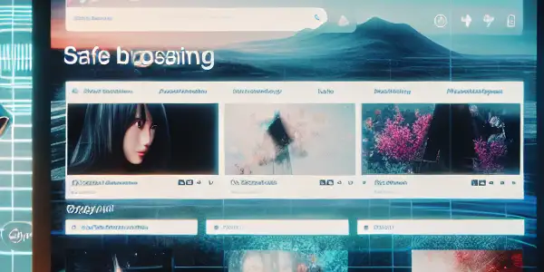 A modern computer setup promoting safe browsing for adult content, featuring streaming site thumbnails and security icons.
