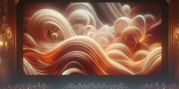 A vintage cinema scene with diverse viewers engaged in an abstract film, evoking intimacy and allure.