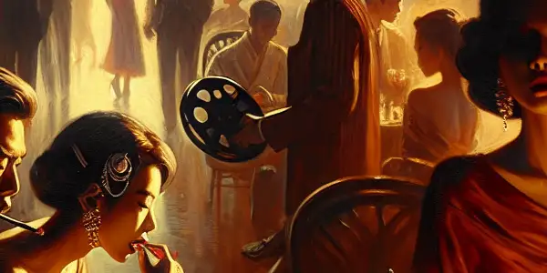 A sultry vintage scene capturing the essence of 1970s Hong Kong and Taiwan cinema with characters in intimate settings.