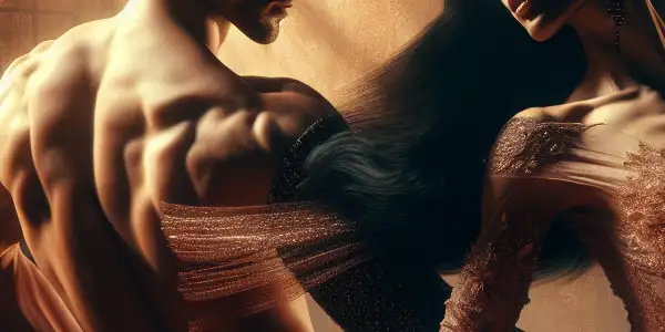 Two performers engaged in a passionate, fluid dance within an intimate, warm-lit Japanese setting.