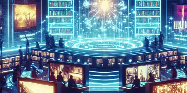 A futuristic virtual library showcasing diverse adult entertainment content with people engaging and exploring vibrant screens.