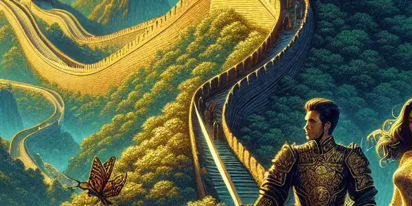 A heroic warrior and an elegant woman stand beside a majestic Great Wall of China in a lush, ancient landscape.