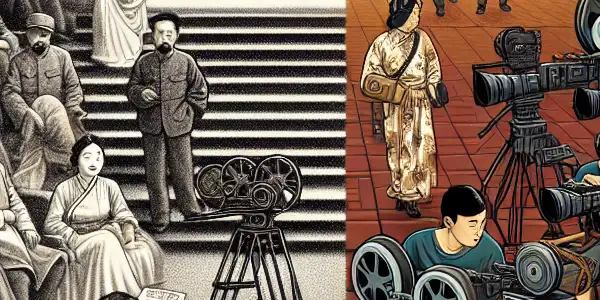 A split scene illustrating the evolution of Chinese cinema: early black-and-white films on one side, modern digital filmmaking on the other.