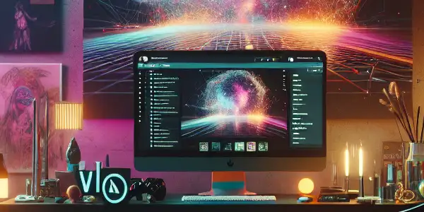 A cozy, dimly-lit room with a computer setup and abstract visuals, suggesting an adult streaming environment.