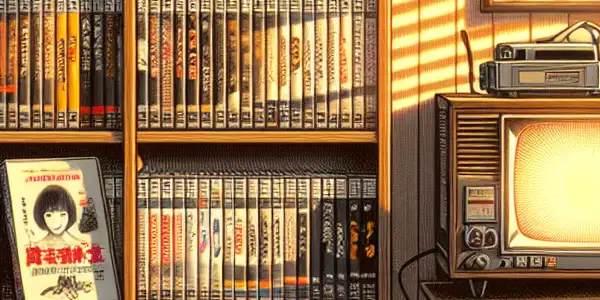 A vintage room filled with classic adult film DVDs, a film reel, and modern preservation devices, evoking nostalgia and care.