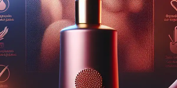 A modern bottle of virus-free lubricant surrounded by silk fabrics and soft lighting in an intimate setting.