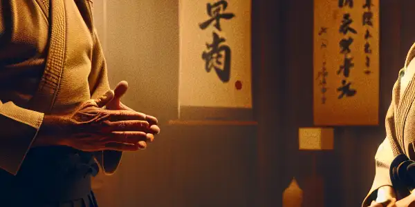 A tense interaction between a mature male sensei and a hesitant female apprentice in a traditional Japanese dojo.