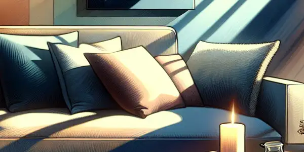 A cozy living room with a tablet displaying tasteful adult content, promoting relaxation and self-care in a serene environment.