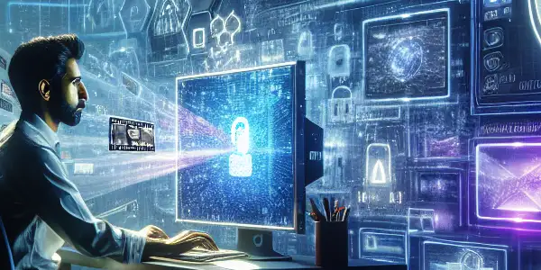 A young adult in a futuristic cyber environment, using a VPN to browse adult content safely on a high-tech computer.