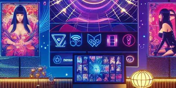 A modern digital interface showcasing vibrant Japanese adult film posters in a stylish, intimate room with privacy elements.