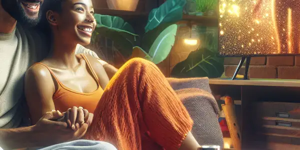 A cozy living room scene with a couple enjoying an adult film, emphasizing relaxation, intimacy, and a healthy lifestyle.