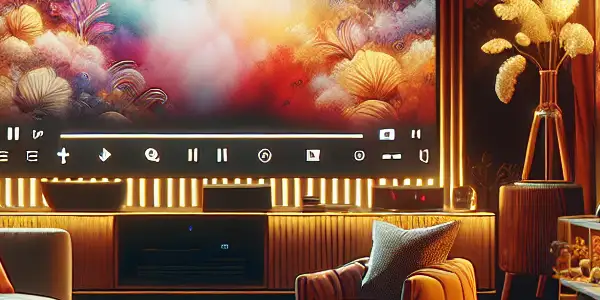 Cozy home theater with abstract visuals, plush sofa, warm lighting, and subtle references to Japanese adult films.