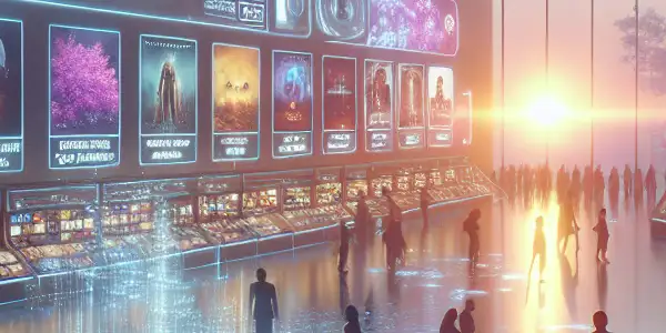 A vibrant digital marketplace showcasing holographic adult content with symbols of security and diverse users engaging safely.