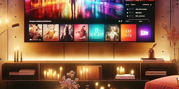 A modern living room with a large TV displaying vibrant adult entertainment visuals and cozy, inviting decor.