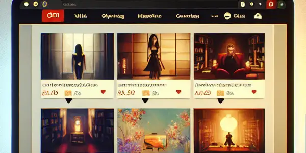 A cozy, dimly lit room featuring a sleek online shopping interface for adult entertainment films.