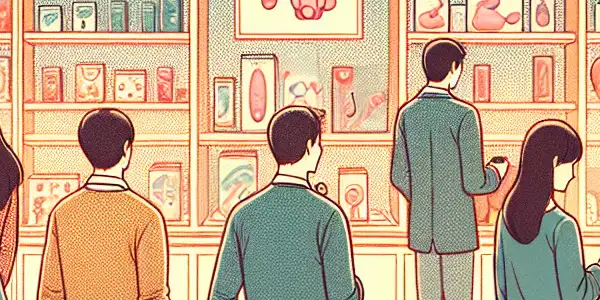 A modern adult novelty store interior with diverse customers exploring colorful toys in a warm, inviting atmosphere.