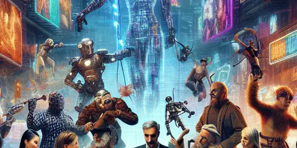 A vibrant, futuristic cityscape at night showcasing diverse individuals engaged in creative adult entertainment activities.