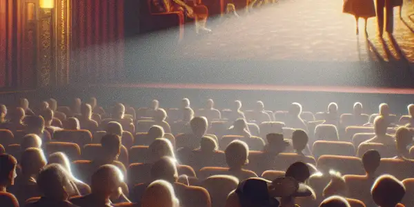 A vintage cinema scene with plush red seats, an old film projector, and an engaged audience watching classic films.