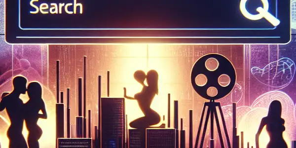 A modern urban scene highlighting adult entertainment trends with neon lights, silhouettes, and digital data elements.