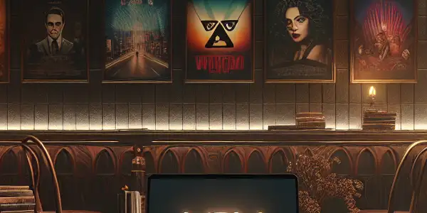 A luxurious, dimly lit room featuring adult film posters, a high-end laptop, and framed art of Japanese AV stars.