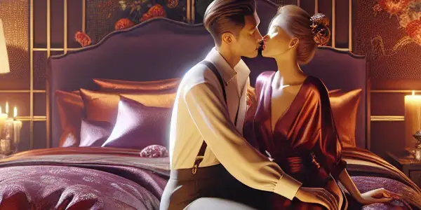 A romantic bedroom scene featuring a couple in a tender embrace, surrounded by soft lighting and elegant decor.