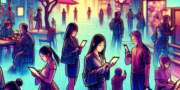 A vibrant digital marketplace showcasing diverse people engaging with high-tech devices displaying adult film content amidst Japanese cultural elements.