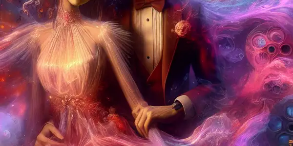 A dimly lit opulent room with two elegantly dressed characters in an intimate pose, surrounded by symbolic erotic elements.