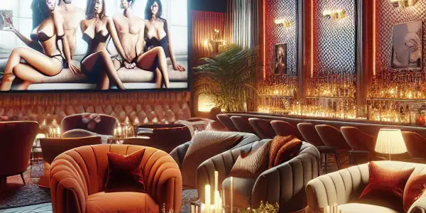 An upscale VIP lounge featuring plush seating, ambient lighting, and patrons enjoying classic adult film scenes.