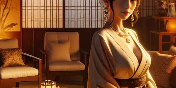 A cozy Japanese living room with a woman gazing out the window, evoking intrigue and warmth.