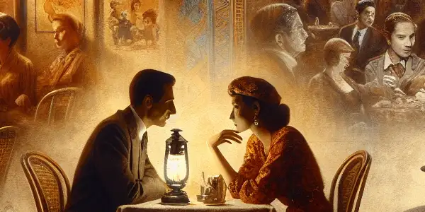 A vintage European film set featuring diverse characters in conversation, warm lighting, and romantic undertones.