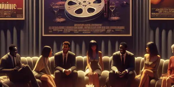 A cozy cinema scene featuring diverse people discussing films, with intimate lighting and abstract adult film posters.
