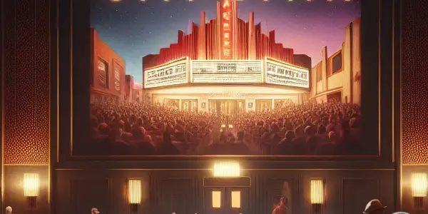 A lively cinema interior with plush seating, diverse patrons, and a mix of modern and classic design elements.