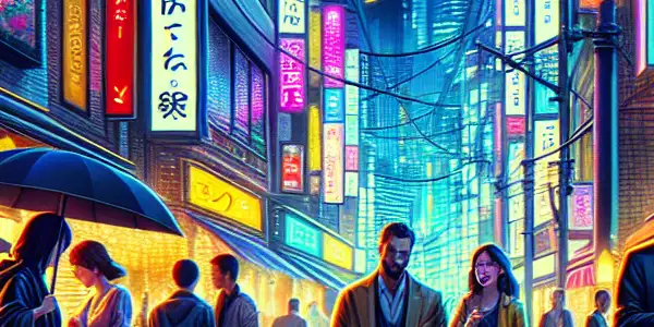 A vibrant urban nightlife scene with neon lights, diverse people socializing, and a romantic, mysterious atmosphere.