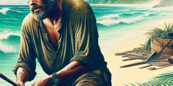 A rugged man struggles to build a shelter on a deserted tropical island, surrounded by survival elements.