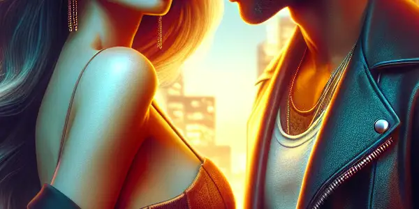 A romantic encounter between two stylish young adults on a bustling city street at dusk, illuminated by neon lights.