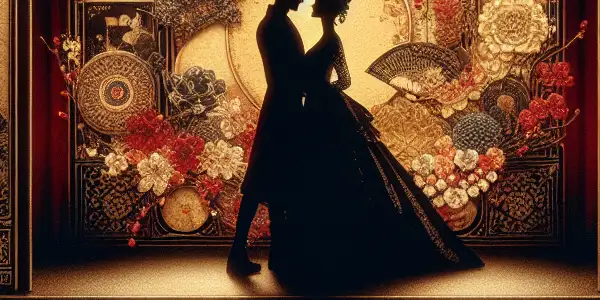 A dimly lit vintage cinema scene featuring a couple's intimate silhouette amidst iconic Korean film imagery.