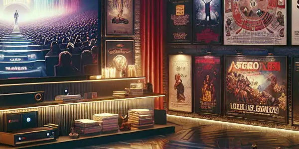 A cozy home theater filled with adult film posters, a large screen, plush seating, and modern technology.