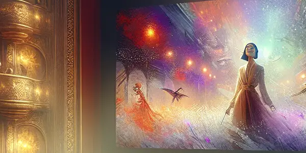 A luxurious cinema hall with plush seats, a confident woman gazing at an abstract screen, and cultural Japanese elements.