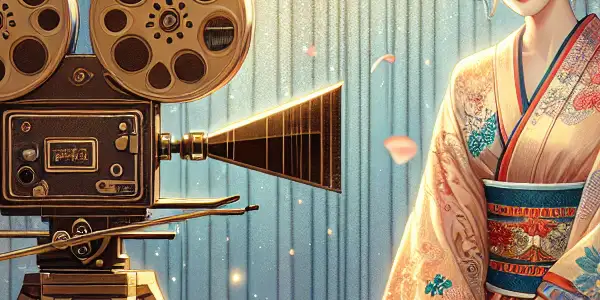 A glamorous actress in a vibrant kimono surrounded by cherry blossoms and vintage film elements in a romantic setting.