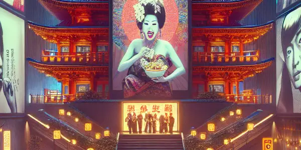 A lively film festival in a modern Southeast Asian city, showcasing diverse audiences and vibrant cultural fusion.